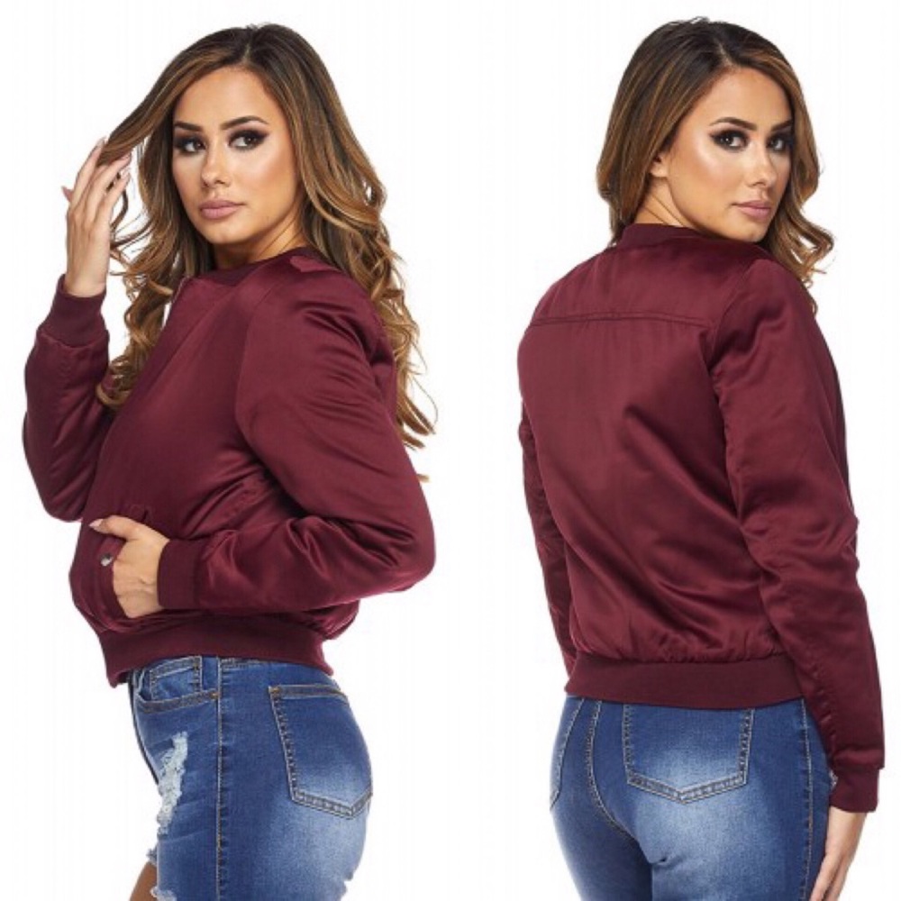 Burgundy Quilted Satin Zip Front Bomber Jacket - Picture 3 of 8